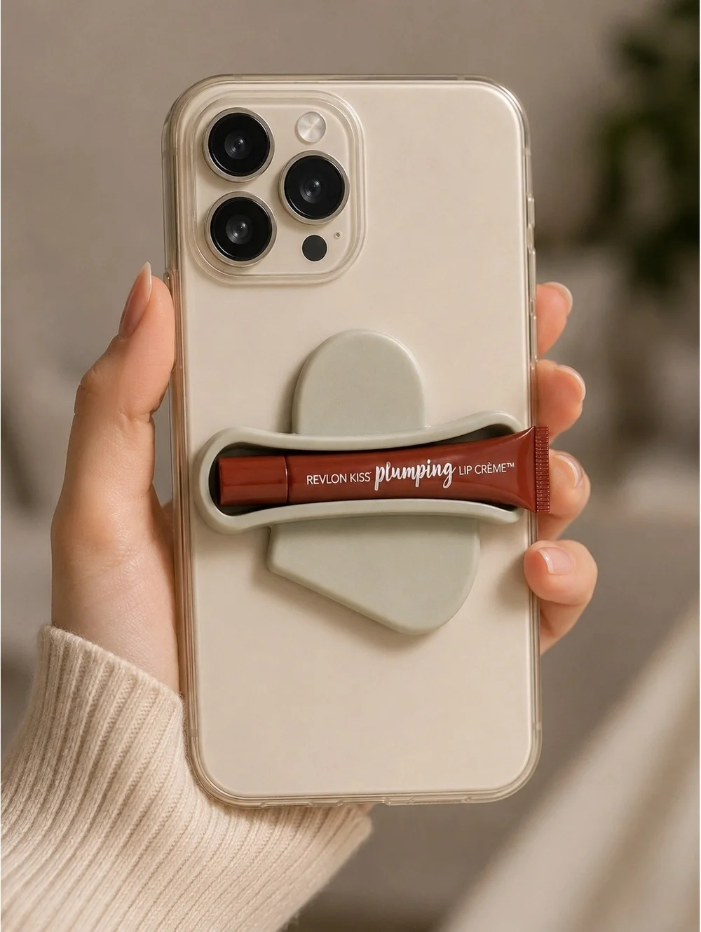 Heart Phone Lip Holder + Revlon Kiss Plumping Lip Crème 525 Barely Blush Set